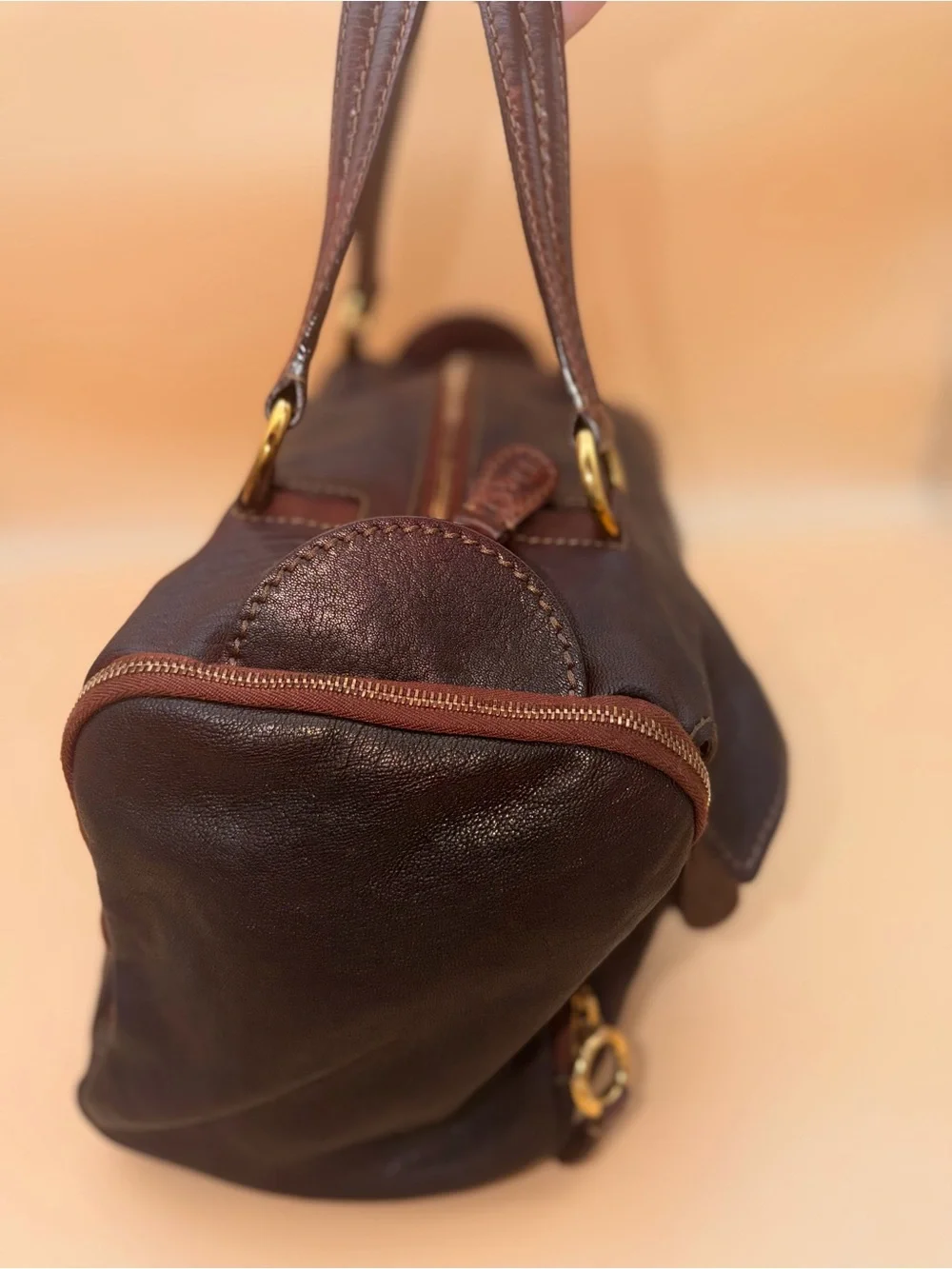 Dolce & Gabbana Dark Brown Leather Duffel with Gold Buckle Accents